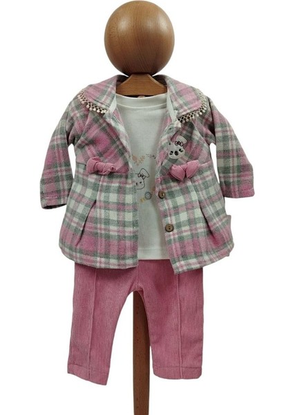 Kız Bebek Takım Yünlü Ekose Ceket Sweat Fitilli Pantolon