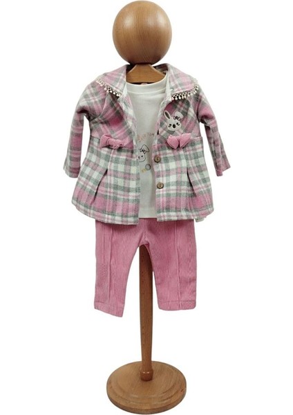 Kız Bebek Takım Yünlü Ekose Ceket Sweat Fitilli Pantolon