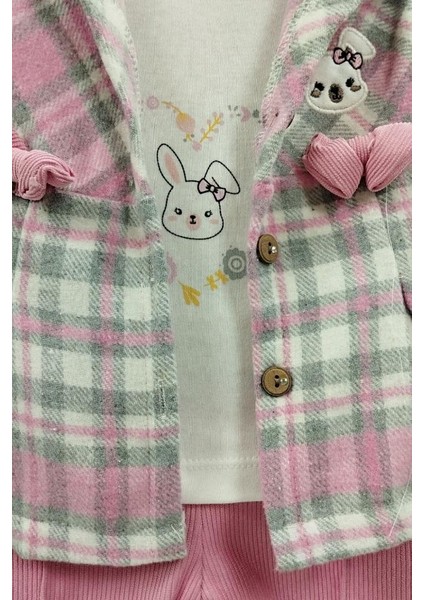Kız Bebek Takım Yünlü Ekose Ceket Sweat Fitilli Pantolon