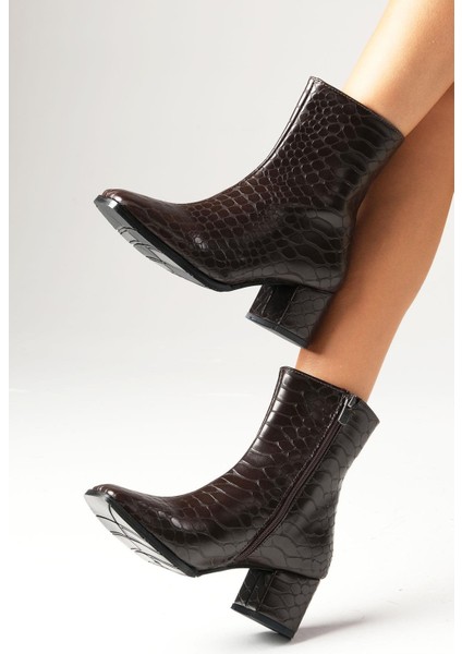 Macy Krokodil Desenli Kahverengi Kadın Topuklu Bot