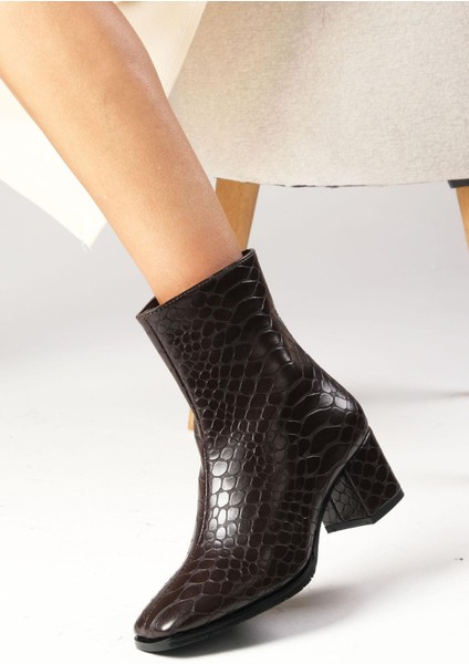 Macy Krokodil Desenli Kahverengi Kadın Topuklu Bot modelleri