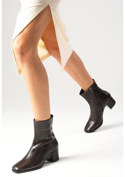 Macy Krokodil Desenli Kahverengi Kadın Topuklu Bot fırsatları