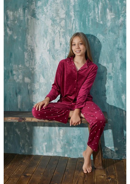 Kız Çocuk Uzun Kol Önden Düğmeli Kadife Bordo Pijama Takım C4T5N3O31