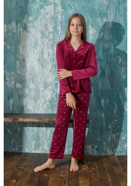 Kız Çocuk Uzun Kol Önden Düğmeli Kadife Bordo Pijama Takım C4T5N3O31 fiyatları