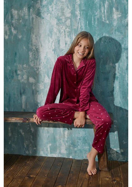 Kız Çocuk Uzun Kol Önden Düğmeli Kadife Bordo Pijama Takım C4T5N3O31 modelleri