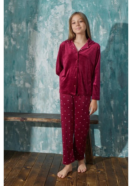 Kız Çocuk Uzun Kol Önden Düğmeli Kadife Bordo Pijama Takım C4T5N3O31 fırsatları