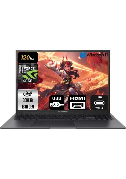 Vivobook 16X I9-13900H 16GB 4tb+4tb SSD Fhd 120hz Wuxga 16.0" WIN11 Nvidia Geforce Rtx 4060 8gb Taşınabilir Bilgisayar K3605VV-N1070W-11