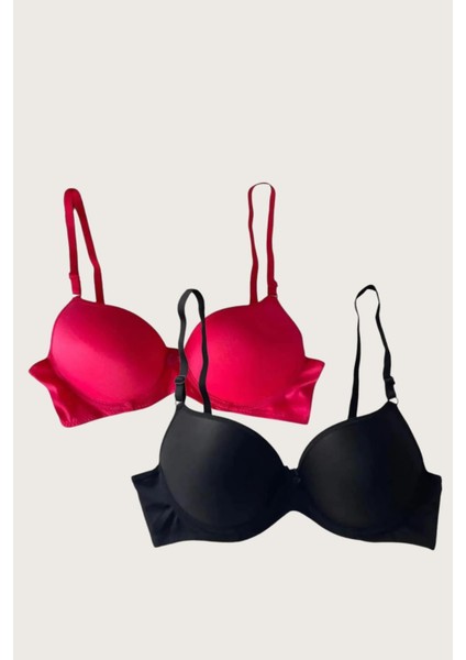 Aria's Closet Siyah-Kırmızı 2'li Mikro Kumaş Push Up Dolgulu Balenli Günlük Destekli Sütyen