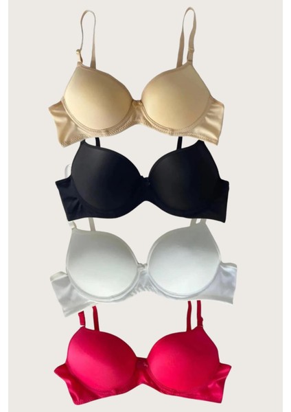 Aria's Closet Siyah-Beyaz-Kırmızı-Ten 4'lü Dolgulu Push Up Micro Balenli Günlük Tek Destekli Sütyen