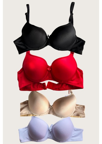 Aria's Closet Siyah-Beyaz-Kırmızı-Ten 4'lü Dolgulu Push Up Micro Balenli Günlük Tek Destekli Sütyen indirimleri