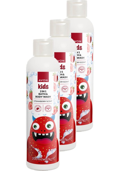 Kids Çocuklar İçin Çilek Kokulu Banyo ve Vücut Yıkama 200 ml x 3 adet