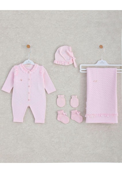 Kız Bebek Hastane Çıkışı Seti - 5 Parça Pembe (Tulum, Battaniye, Şapka, Eldiven, Çorap)