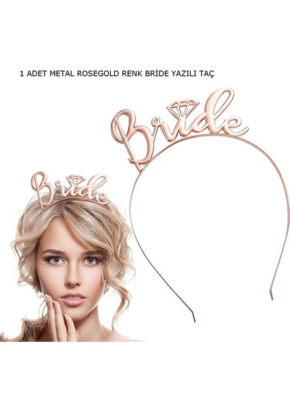 Metal Rose Gold Renk Tek Taş Bride Yazılı Bekarlığa Veda Tacı