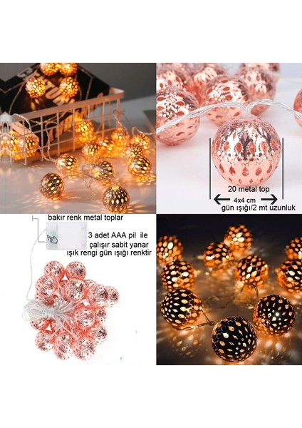 4 mt 20 Ampullü Metal Bakır Renk Top Şekilli Pilli LED Işık Gün Işığı Renk