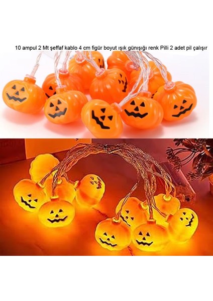 Halloween 2 mt 10 Ampul Plastik Turuncu Balkabağı Şekilli Pilli LED Işık Gün Işığı Renk