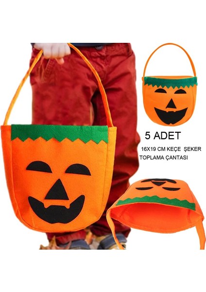 Halloween Balkabağıtemalı Keçe Hediye Şeker Koyma Çantası 16X19 cm 5 Adet