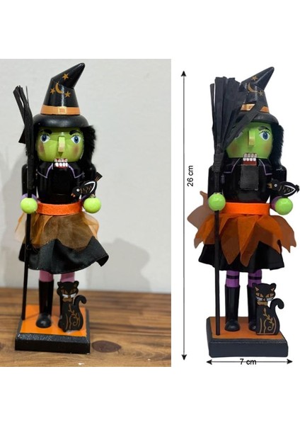 Halloween Cadı Şeklinde Ahşap Fındıkkıran Nutcracker Dekor Süs 26X7 cm