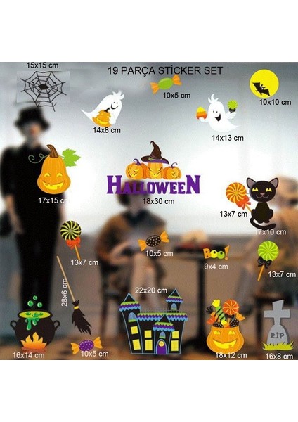 Cam ve Duvar Için Halloween Temalı Plastik Elektrostatik Çıkartma Sticker 19 Parça