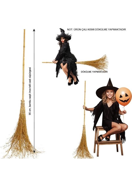 Halloween Bambu Saplı Çalı Cadı Süpürgesi Natürel Renk 95 cm