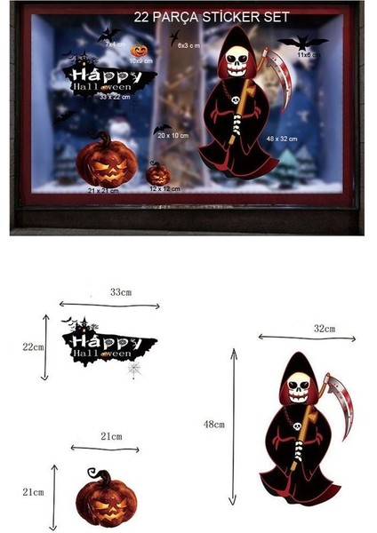 Cam ve Duvar Için Halloween Temalı Plastik Elektrostatik Çıkartma Sticker 22 Parça
