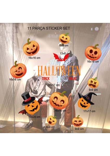 Cam ve Duvar Için Halloween Temalı Plastik Elektrostatik Çıkartma Sticker 11 Parça