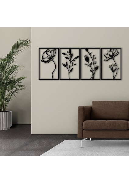 Çiçek 4 Parça Metal Dekoratif Tablo