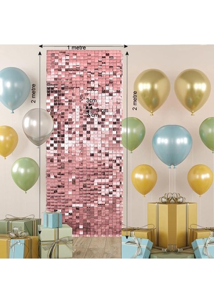 3 Adet Rosegold Renk Fon Perdesi Folyo Dekor Süsü 2x1 mt Retro modelleri