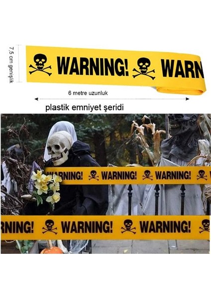 Halloween Plastik Warning Yazılı Sarı Renk Emniyet Şeridi 6 mt