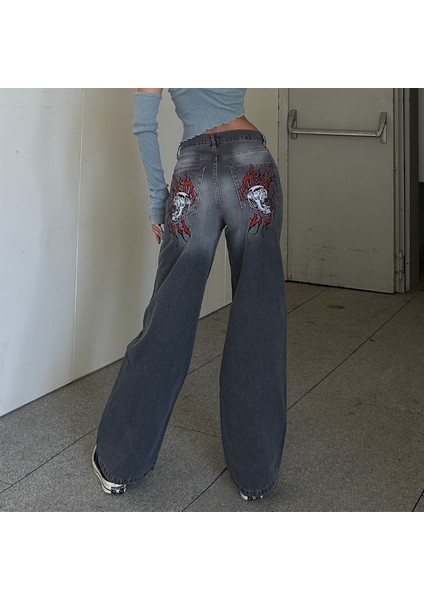 Yeni Gri Double Fire Skull Streetwear Yıkamalı Jean Pantolon