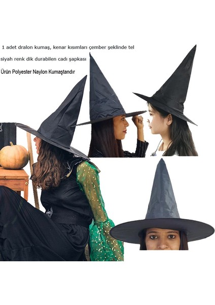 Halloween Siyah Renk Polyester Naylon Cadı Şapkası 37X35 cm Yetişkin 1 Adet