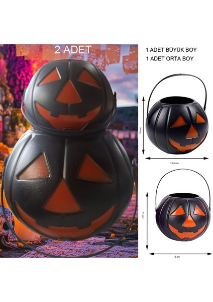 Halloween Siyah Renk Balkabağı Plastik Şeker Toplama Kovası Büyük ve Orta 2 Boy