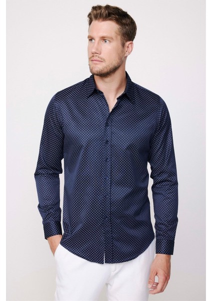 Slim Fit Uzun Kollu Pamuklu Kolay Ütü Desenli Erkek Lacivert Gömlek