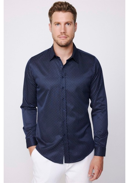 Slim Fit Uzun Kollu Pamuklu Kolay Ütü Desenli Erkek Lacivert Gömlek fiyatları