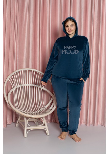 Mavi Büyük Beden Kadife Pijama Takımı