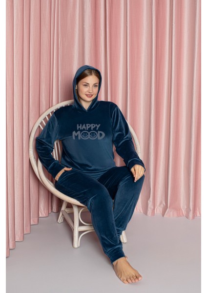 Mavi Büyük Beden Kadife Pijama Takımı