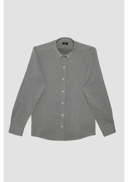 Erkek Modern Fit Dar Kesim Pamuklu Kolay Ütü Armürlü Gri Gömlek