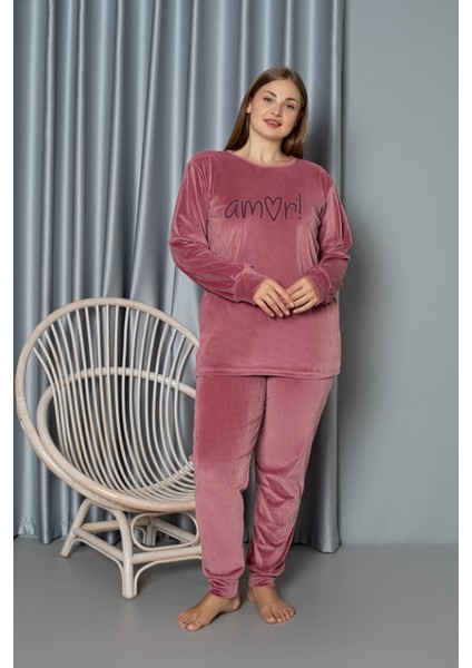 Pembe Büyük Beden Kadife Pijama Takımı