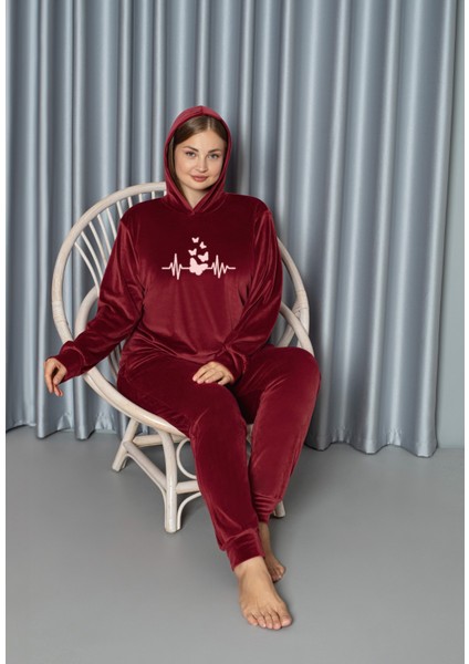 Kırmızı Büyük Beden Kadife Pijama Takımı