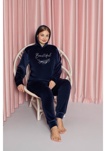 Lacivert Büyük Beden Kadife Pijama Takımı