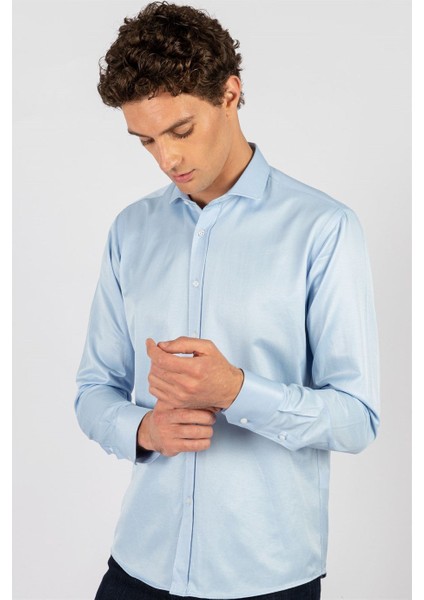 Modern Slim Fit Uzun Kollu Düz Saten Pamuklu Erkek Mavi Gömlek fiyatları