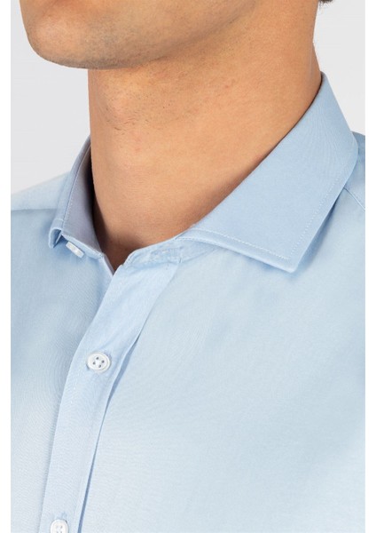 Modern Slim Fit Uzun Kollu Düz Saten Pamuklu Erkek Mavi Gömlek modelleri