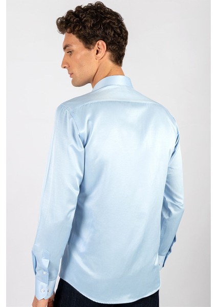 Modern Slim Fit Uzun Kollu Düz Saten Pamuklu Erkek Mavi Gömlek fırsatları