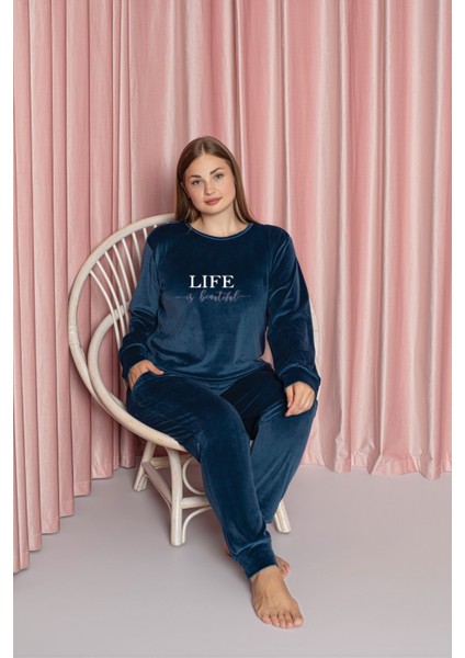 Mavi Büyük Beden Kadife Pijama Takımı