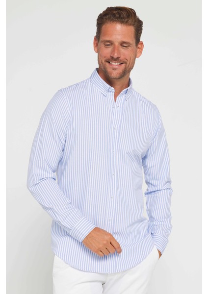 Slim Fit Uzun Kol Çizgili Yaka Düğmeli Erkek Gömlek