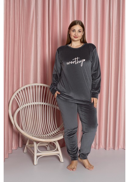 Gri Büyük Beden Kadife Pijama Takımı