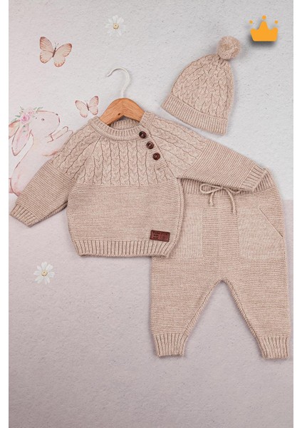 Triko Kazak Pantolon Ponpon Şapkalı Kız Erkek Bebek Takım 2791