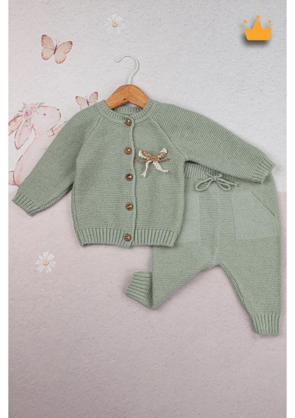 Triko Hırka Pantolon Ikili Fiyonklu Kız Bebek Takım 2792