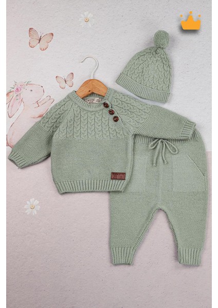Triko Kazak Pantolon Ponpon Şapkalı Kız Erkek Bebek Takım 2791