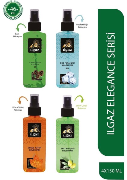Dörtlü Set - Elegance Series - Çam + Buz Ferahlığı + Tütün + Zeytin Çiçeği Sprey Kolonya 150 ml x 4 adet
