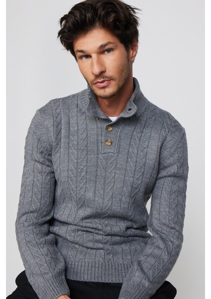 Erkek Slim Fit Dar Kesim Yumuşak Dokulu Desenli Dik Yaka Düğmeli Triko Gri Kazak